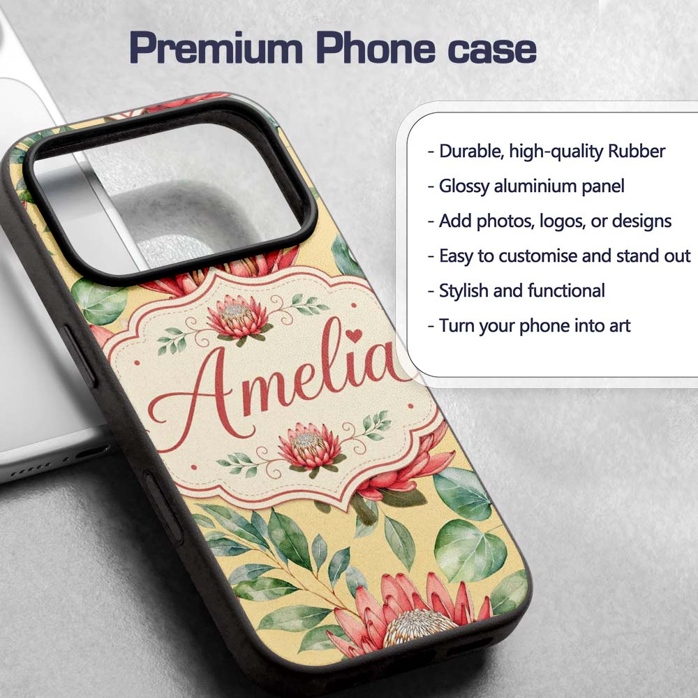 Coral Protea Flowers on Soft Yellow Background Custom Name Protective Phone Case Mobile Cover Durable Everyday Smartphone Shock Resistant