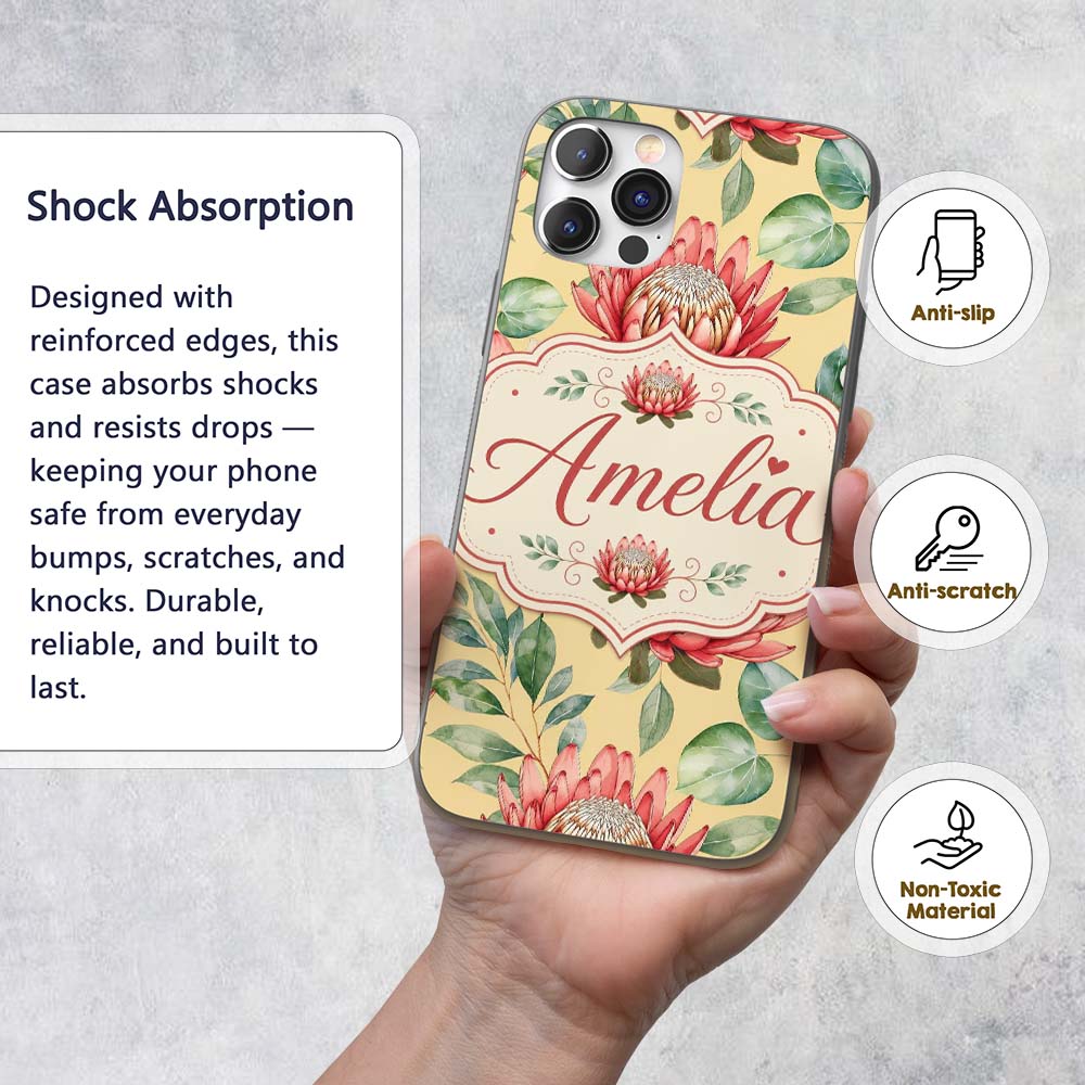 Coral Protea Flowers on Soft Yellow Background Custom Name Protective Phone Case Mobile Cover Durable Everyday Smartphone Shock Resistant