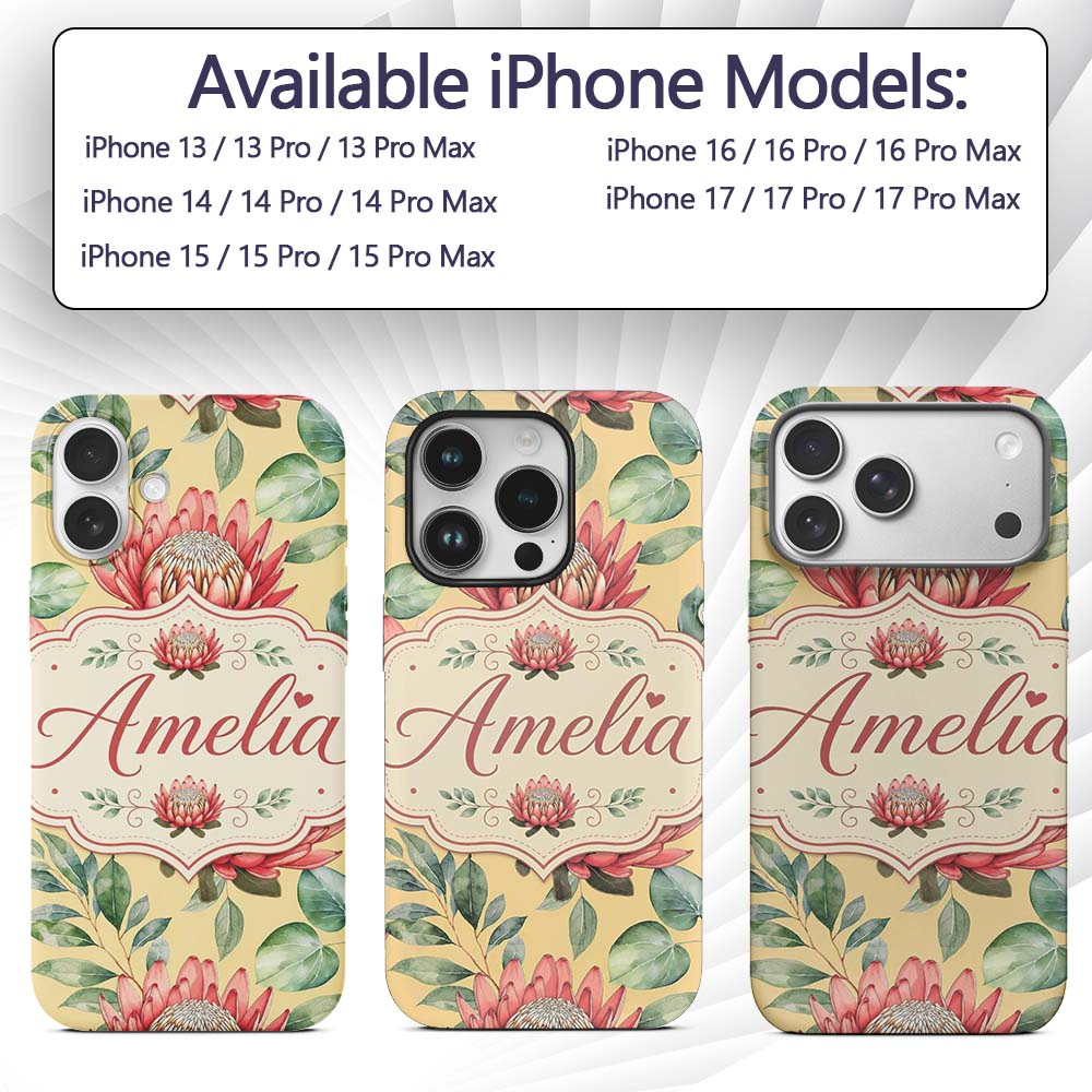 Coral Protea Flowers on Soft Yellow Background Custom Name Protective Phone Case Mobile Cover Durable Everyday Smartphone Shock Resistant