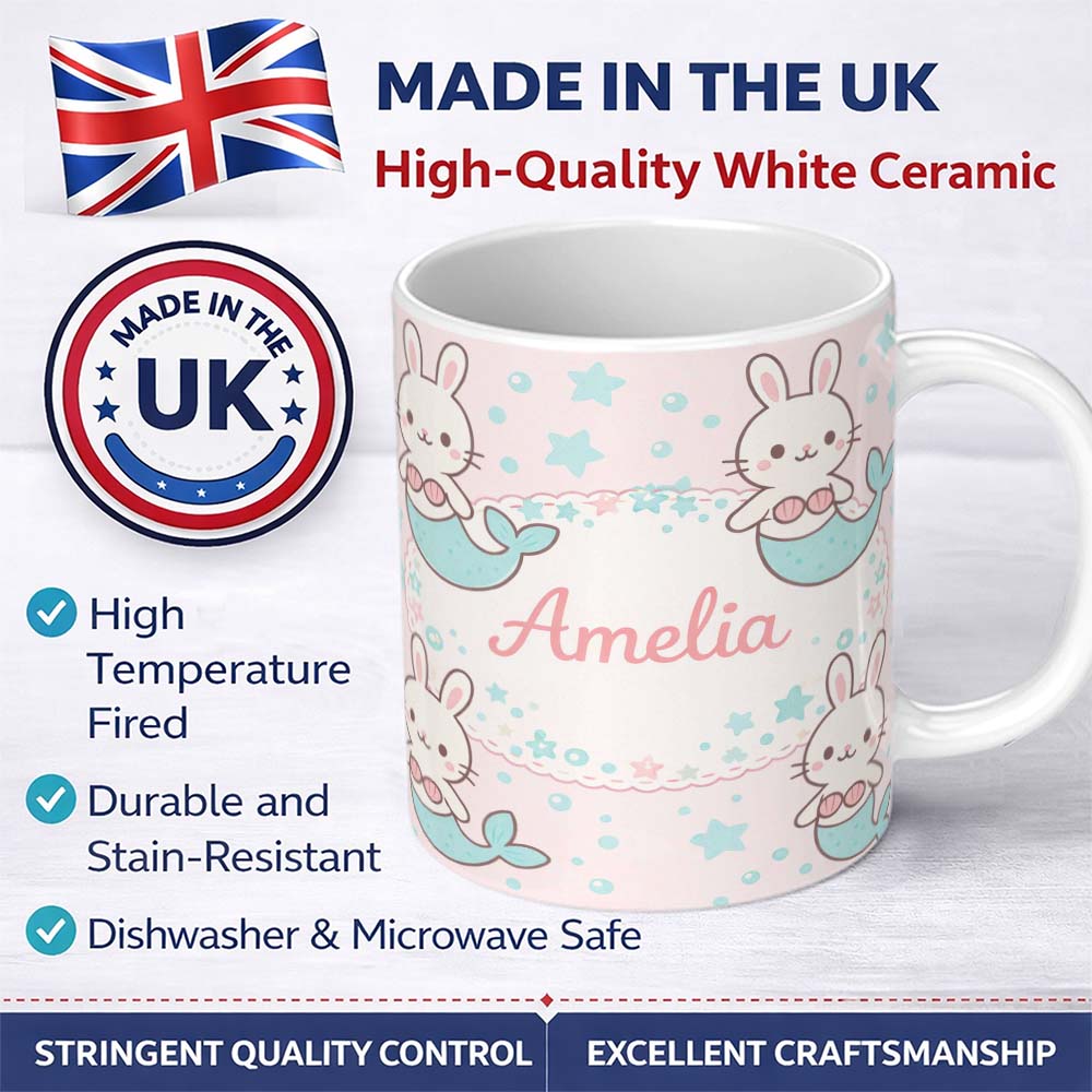 Personalized Custom Name Cute Bunny Mermaid Cartoon Animal Pattern Stylish Everyday Mug 11oz Ceramic Coffee Tea Mug White Large Handle