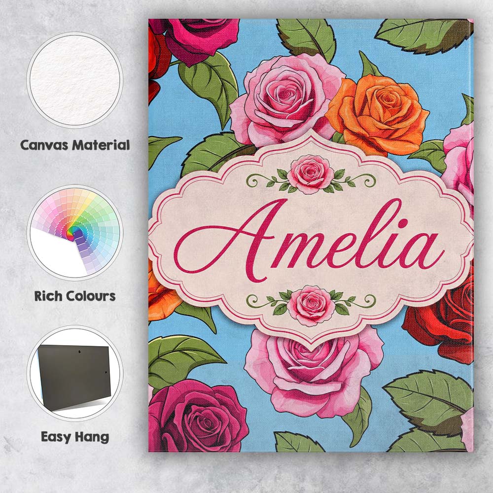 Personalised Name Colorful Roses on Sky Custom Modern Room Accent Elegant Feature Canvas Wall Art Print Decor Picture Ready to Hang