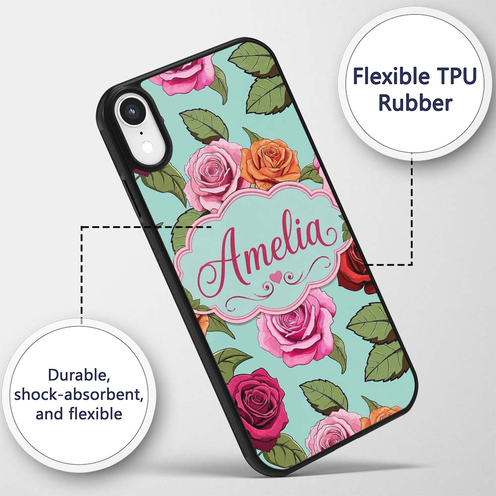 Colorful Roses on Soft Mint Background Seamless Custom Name Protective Phone Case Mobile Cover Durable Everyday Smartphone Shock Resistant