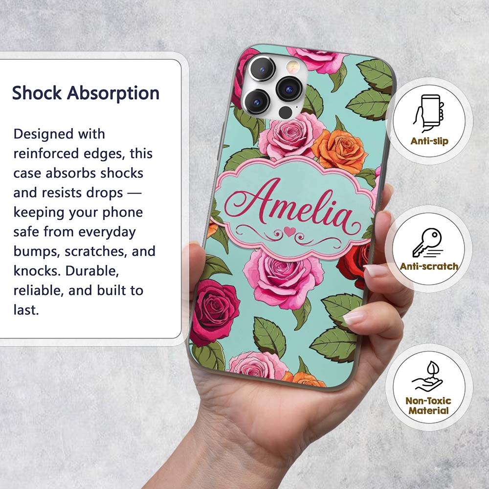 Colorful Roses on Soft Mint Background Seamless Custom Name Protective Phone Case Mobile Cover Durable Everyday Smartphone Shock Resistant
