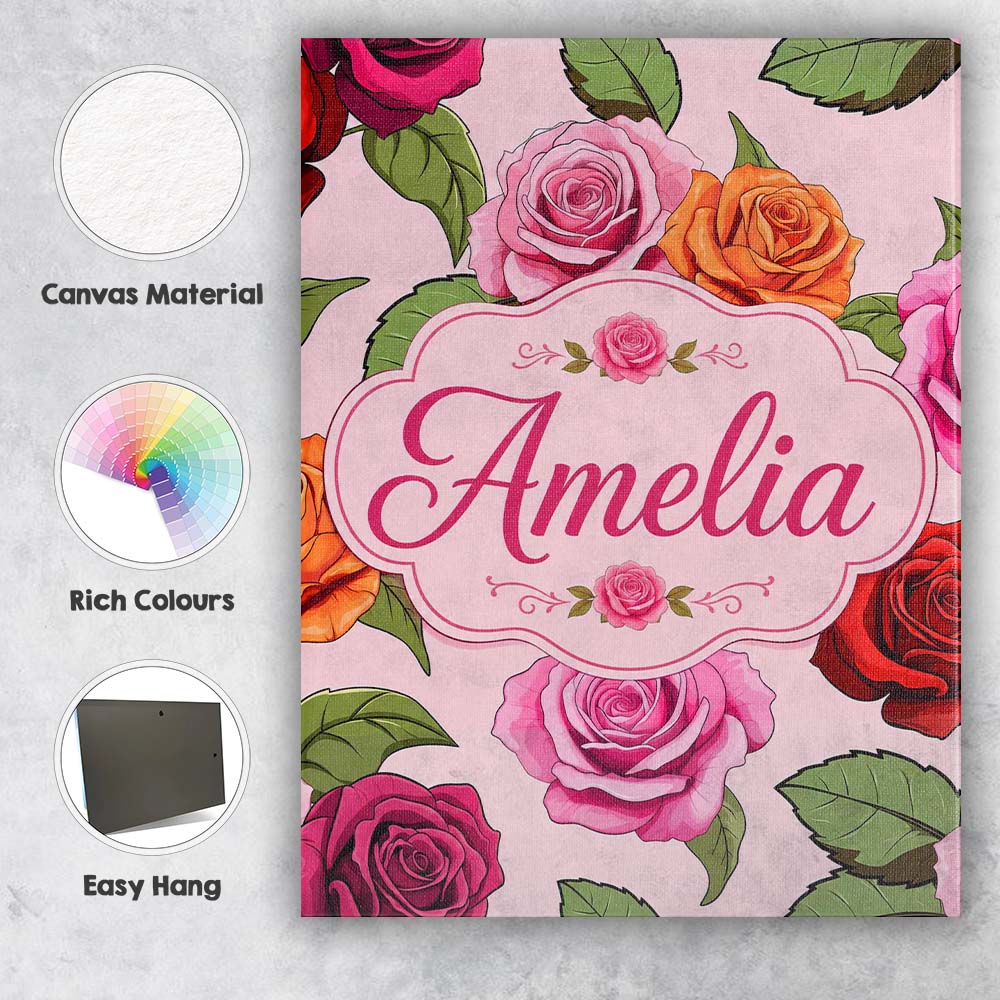 Personalised Name Colorful Roses on Blush Custom Unique Gift Idea Elegant Feature Canvas Wall Art Print Decor Picture Ready to Hang