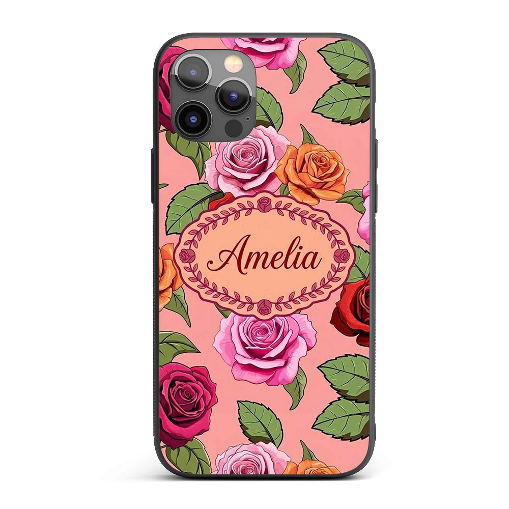 Colorful Roses on Coral Pink Background Seamless Custom Name Protective Phone Case Mobile Cover Durable Everyday Smartphone Shock Resistant