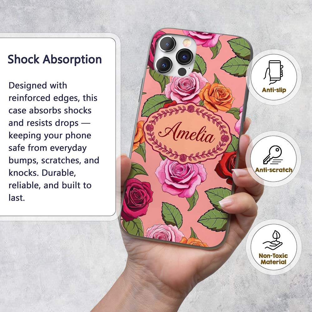 Colorful Roses on Coral Pink Background Seamless Custom Name Protective Phone Case Mobile Cover Durable Everyday Smartphone Shock Resistant