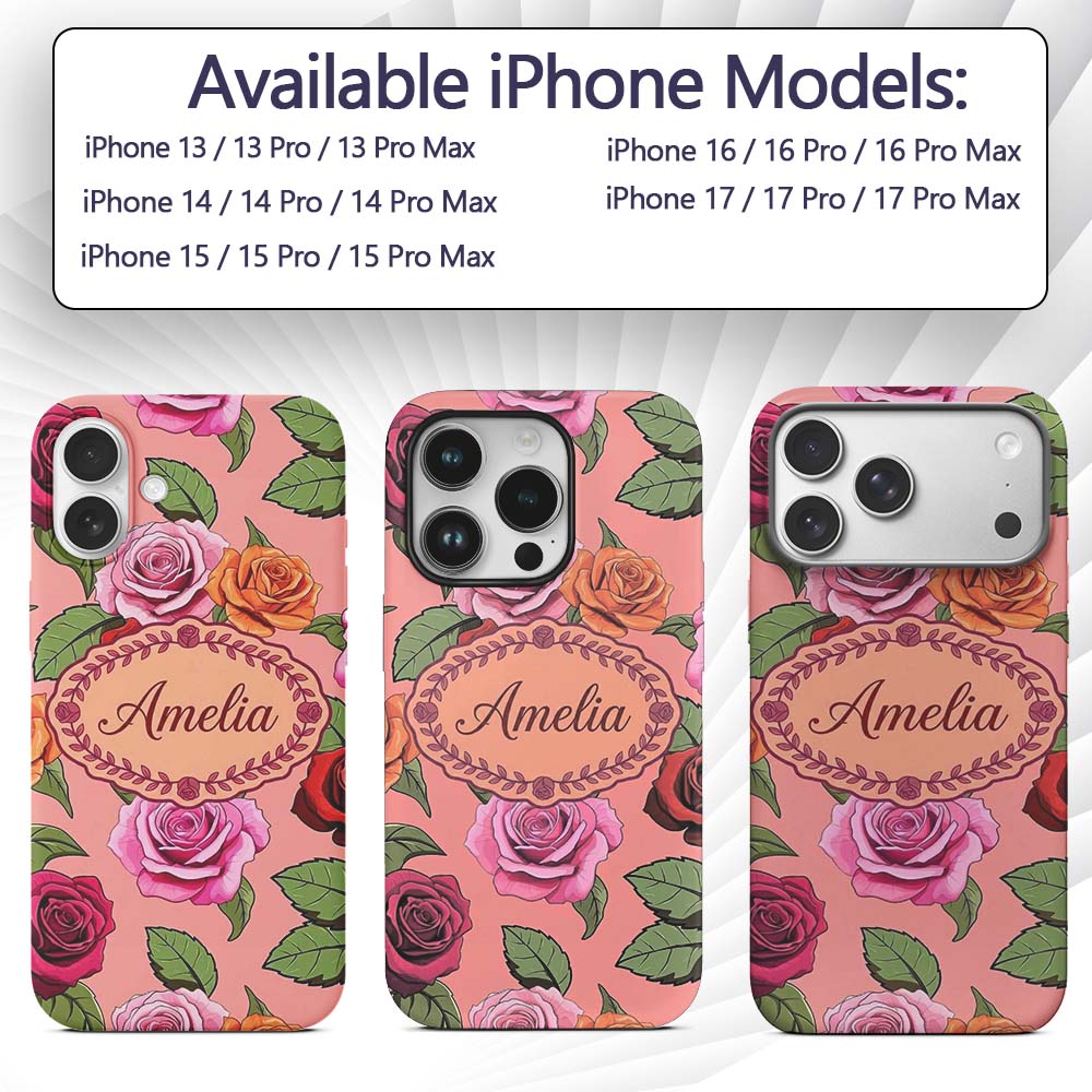 Colorful Roses on Coral Pink Background Seamless Custom Name Protective Phone Case Mobile Cover Durable Everyday Smartphone Shock Resistant