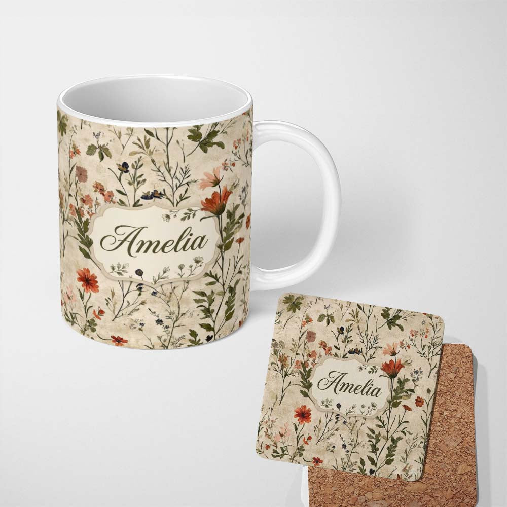 Personalized Custom Name Colorful Wildflower Meadow Botanical Seamless Pattern Lovely 11oz Ceramic Coffee Tea Mug White Large Handle