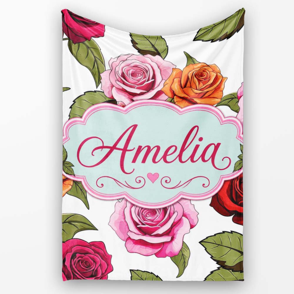 Colorful Roses on Light Grey Background Seamless Floral Pattern Personalised Custom Name Super Soft Fleece Blanket Bed Sofa Throw