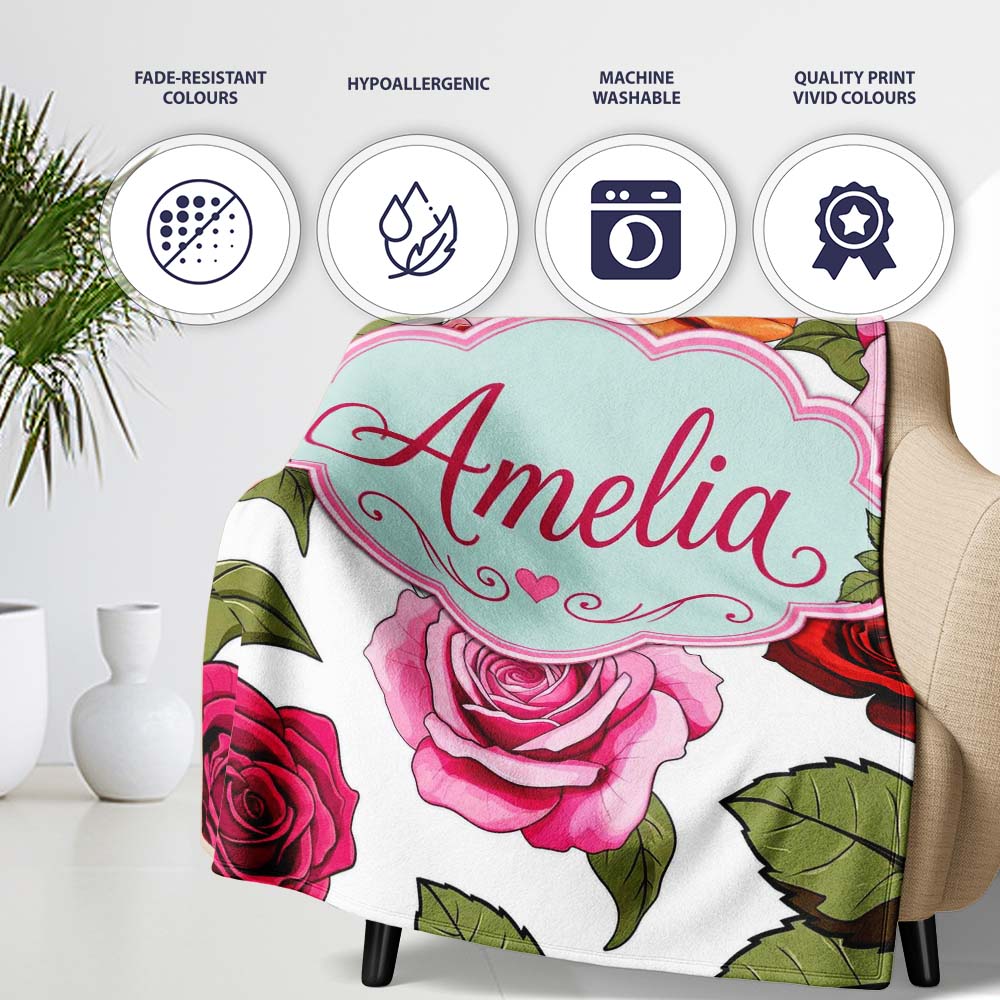 Colorful Roses on Light Grey Background Seamless Floral Pattern Personalised Custom Name Super Soft Fleece Blanket Bed Sofa Throw