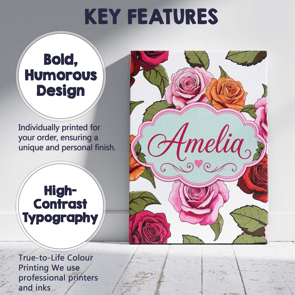 Personalised Name Colorful Roses on Light Custom Unique Gift Idea Elegant Feature Canvas Wall Art Print Decor Picture Ready to Hang