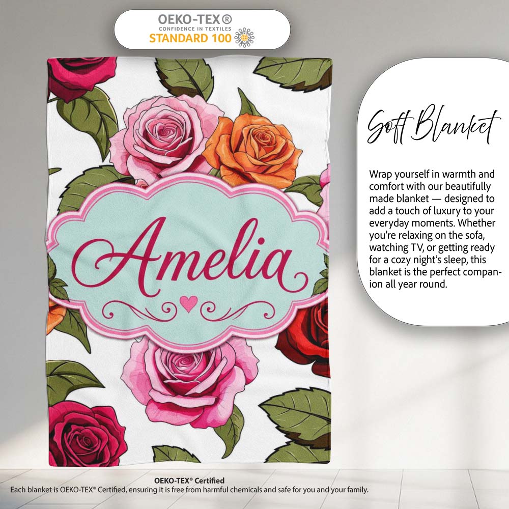 Colorful Roses on Light Grey Background Seamless Floral Pattern Personalised Custom Name Super Soft Fleece Blanket Bed Sofa Throw