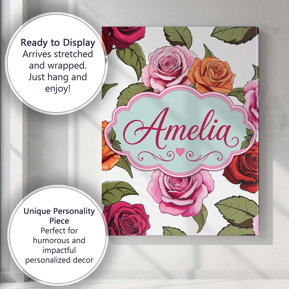 Personalised Name Colorful Roses on Light Custom Unique Gift Idea Elegant Feature Canvas Wall Art Print Decor Picture Ready to Hang