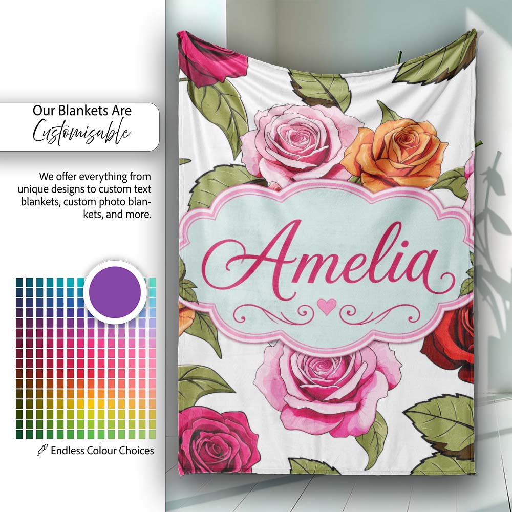Colorful Roses on Light Grey Background Seamless Floral Pattern Personalised Custom Name Super Soft Fleece Blanket Bed Sofa Throw