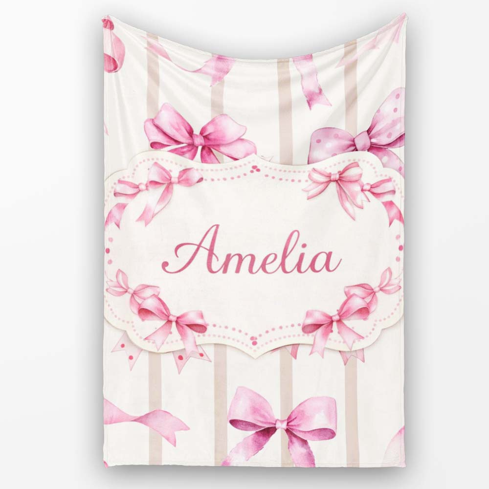 Watercolor Pink Ribbon Bow with Neutral Beige Stripes Background Personalised Custom Name Super Soft Fleece Blanket Bed Sofa Throw