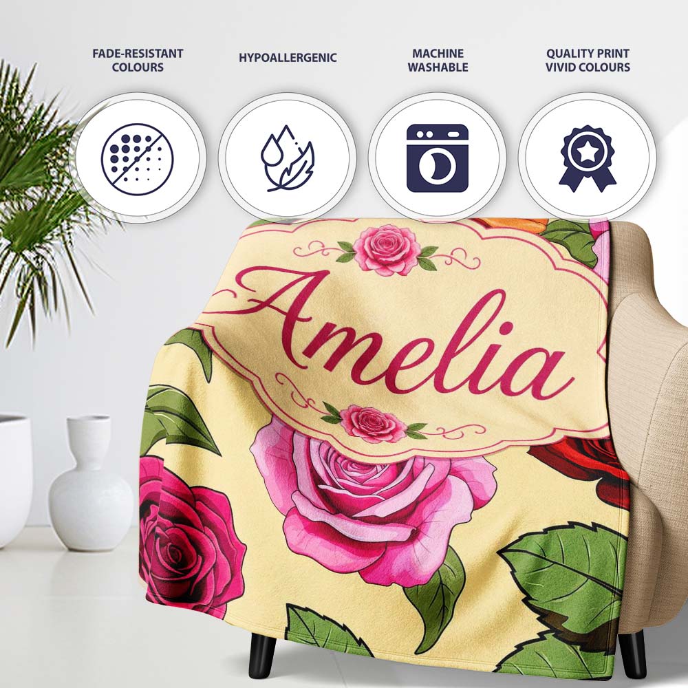 Colorful Roses on Warm Beige Background Seamless Floral Pattern Personalised Custom Name Super Soft Fleece Blanket Bed Sofa Throw