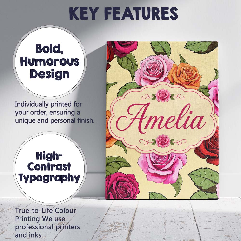 Personalised Name Colorful Roses on Warm Custom Unique Gift Idea Elegant Feature Canvas Wall Art Print Decor Picture Ready to Hang