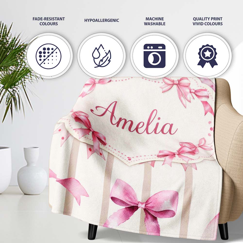 Watercolor Pink Ribbon Bow with Neutral Beige Stripes Background Personalised Custom Name Super Soft Fleece Blanket Bed Sofa Throw