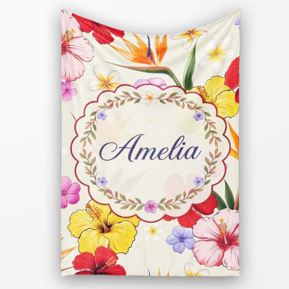 Tropical Hibiscus and Bird of Paradise Floral Seamless Pattern Personalised Custom Name Super Soft Fleece Blanket Bed Sofa Throw