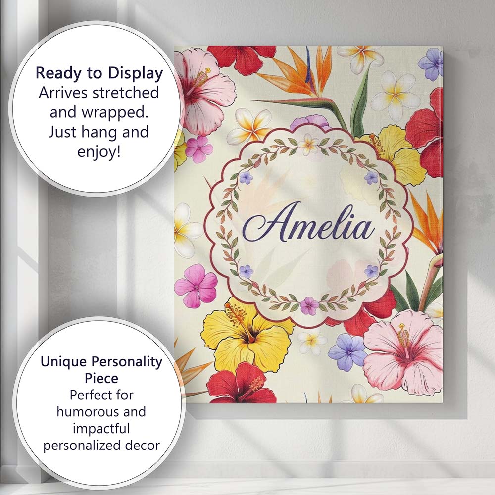 Personalised Name Tropical Hibiscus and Custom Modern Room Accent Elegant Feature Canvas Wall Art Print Decor Picture Ready to Hang