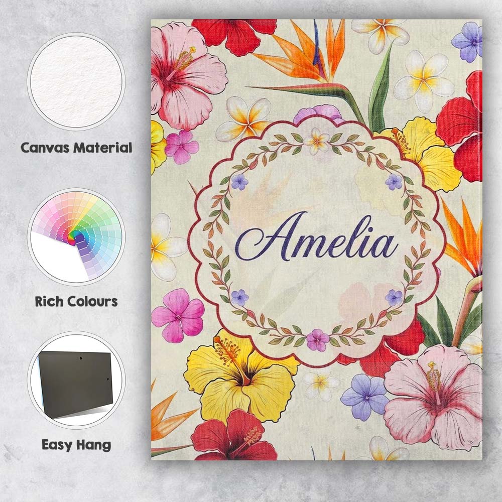 Personalised Name Tropical Hibiscus and Custom Modern Room Accent Elegant Feature Canvas Wall Art Print Decor Picture Ready to Hang