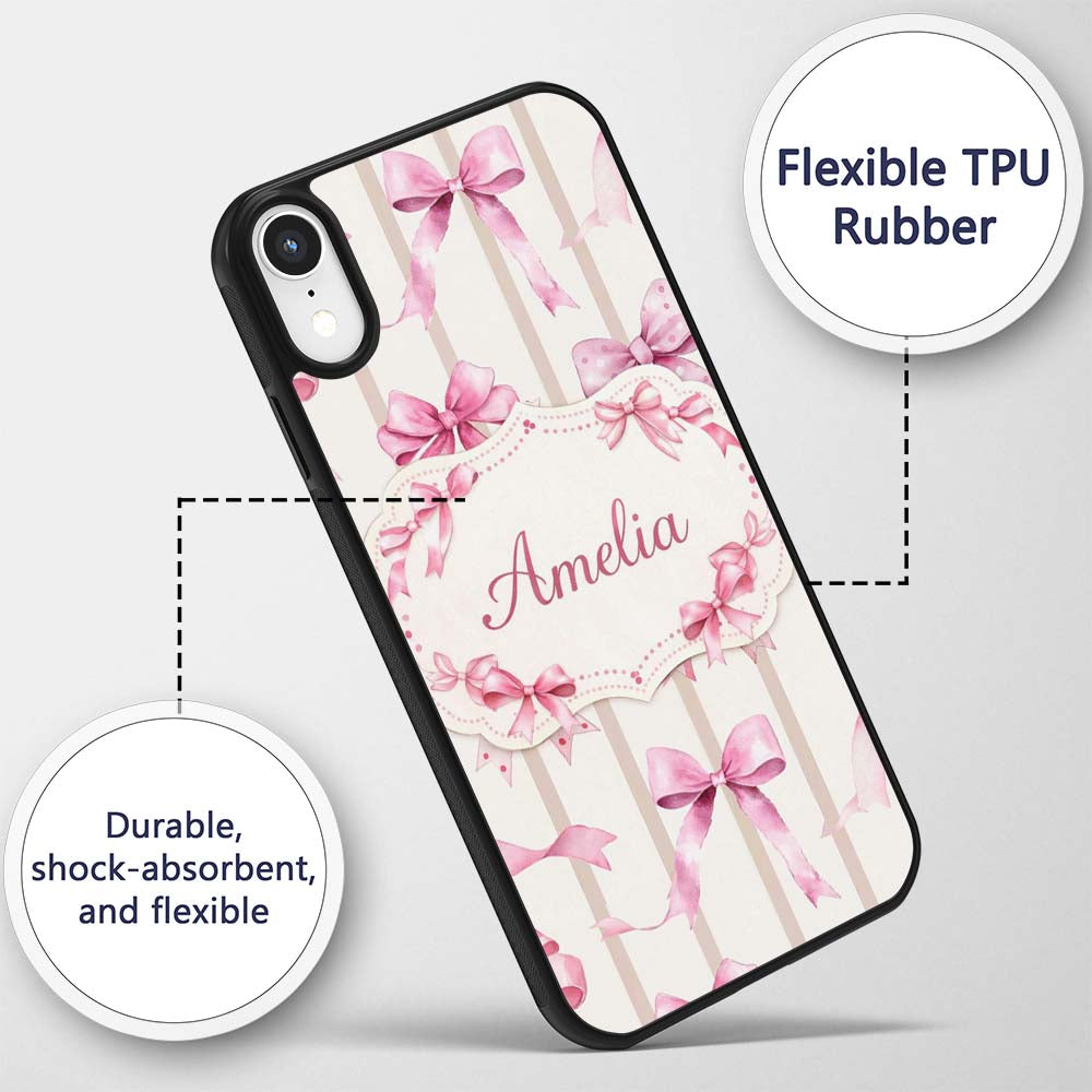 Watercolor Pink Ribbon Bow with Neutral Beige Custom Name Protective Phone Case Mobile Cover Durable Everyday Smartphone Shock Resistant