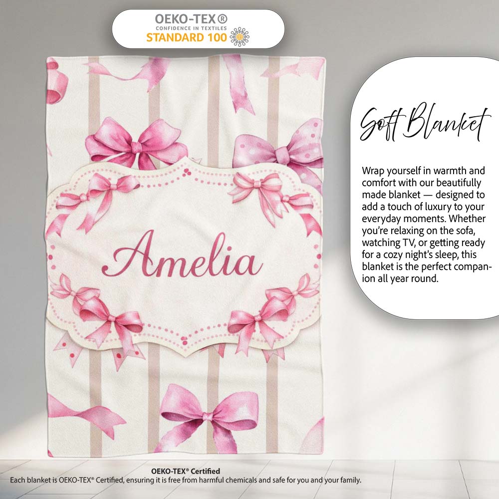 Watercolor Pink Ribbon Bow with Neutral Beige Stripes Background Personalised Custom Name Super Soft Fleece Blanket Bed Sofa Throw