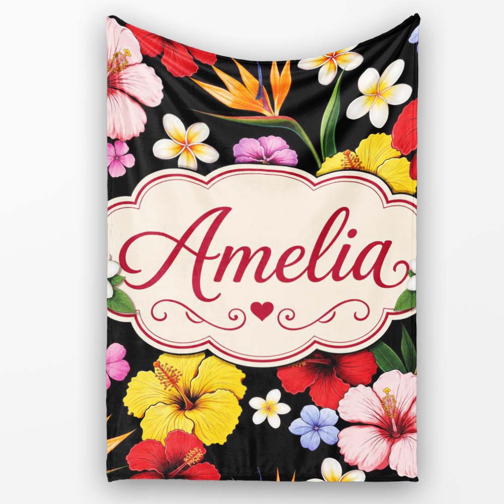 Tropical Hibiscus Bird of Paradise Seamless Pattern Black Background Personalised Custom Name Super Soft Fleece Blanket Bed Sofa Throw