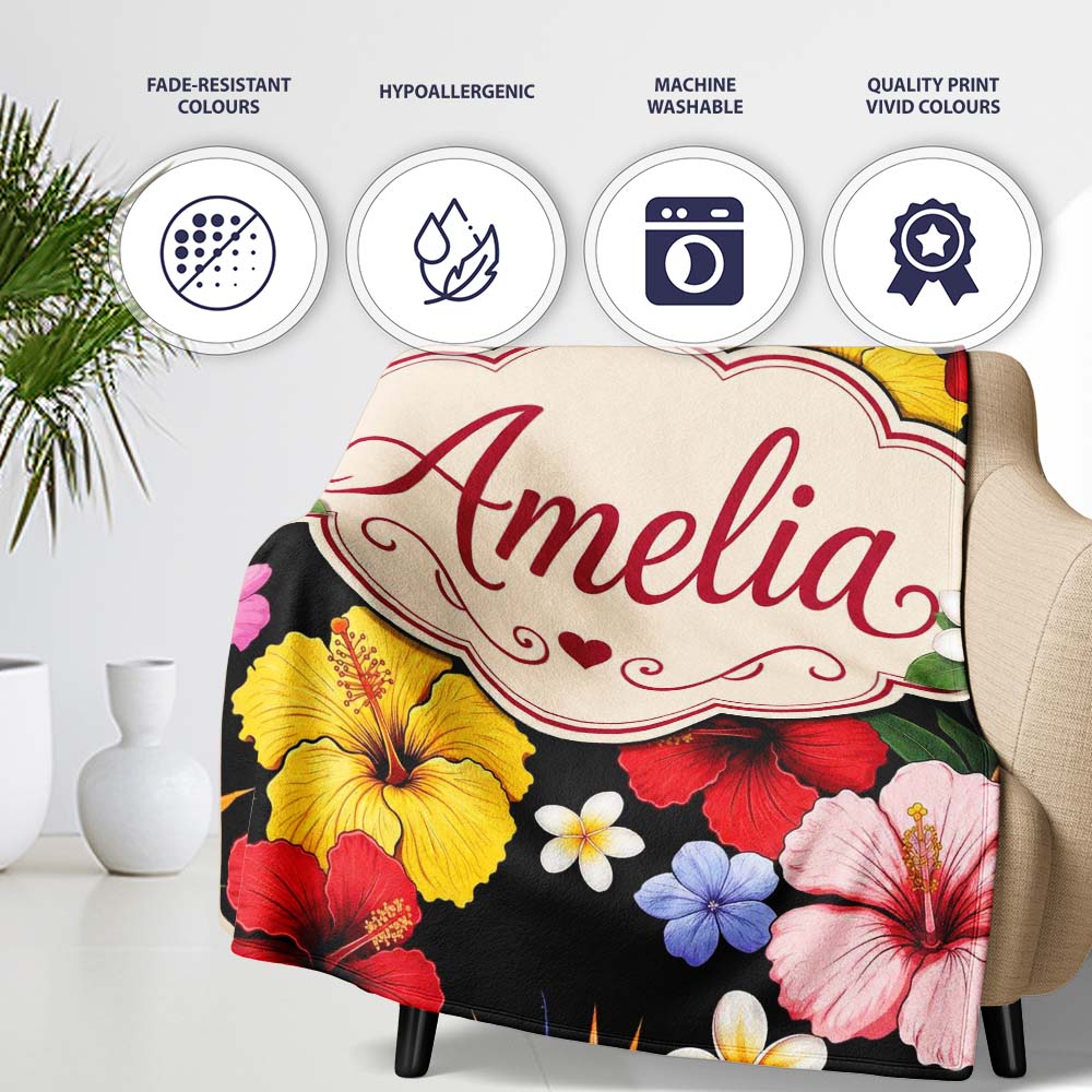 Tropical Hibiscus Bird of Paradise Seamless Pattern Black Background Personalised Custom Name Super Soft Fleece Blanket Bed Sofa Throw