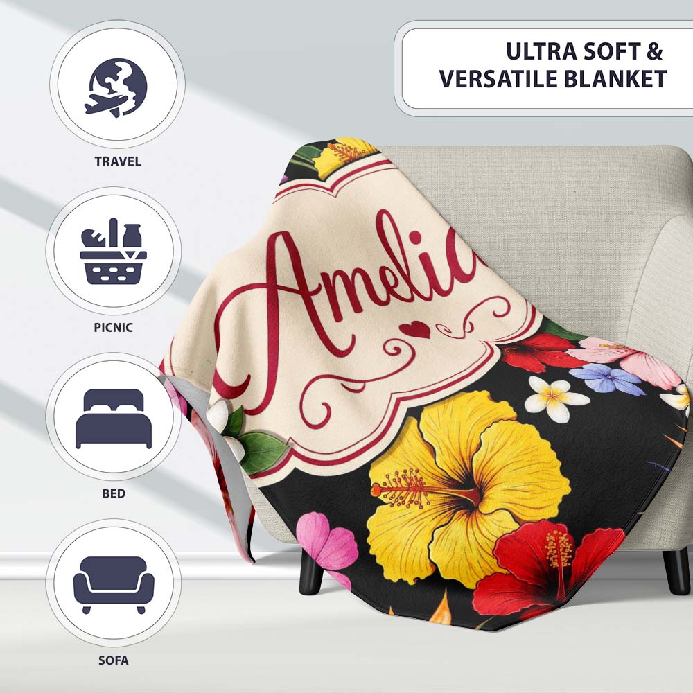 Tropical Hibiscus Bird of Paradise Seamless Pattern Black Background Personalised Custom Name Super Soft Fleece Blanket Bed Sofa Throw