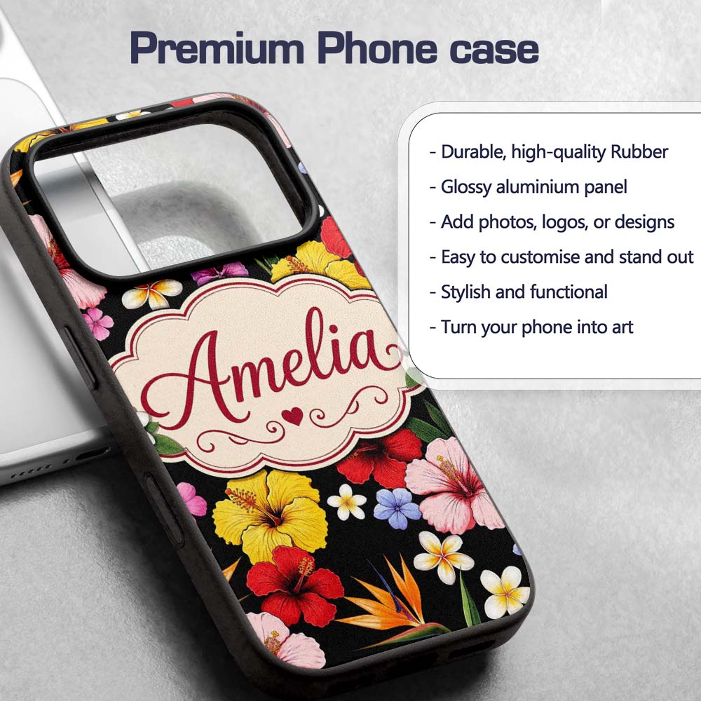 Tropical Hibiscus Bird of Paradise Printed Design Custom Name Protective Phone Case Mobile Cover Durable Everyday Smartphone Shock Resistant