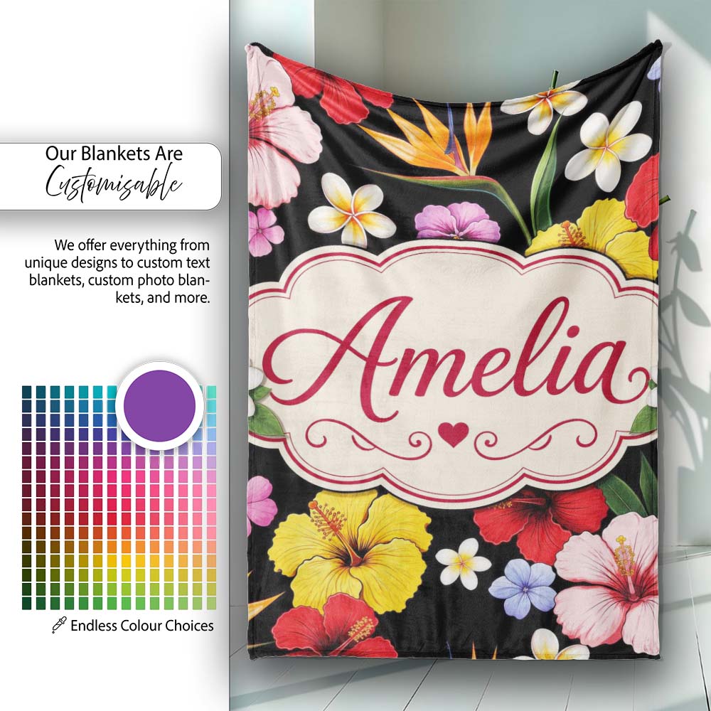 Tropical Hibiscus Bird of Paradise Seamless Pattern Black Background Personalised Custom Name Super Soft Fleece Blanket Bed Sofa Throw