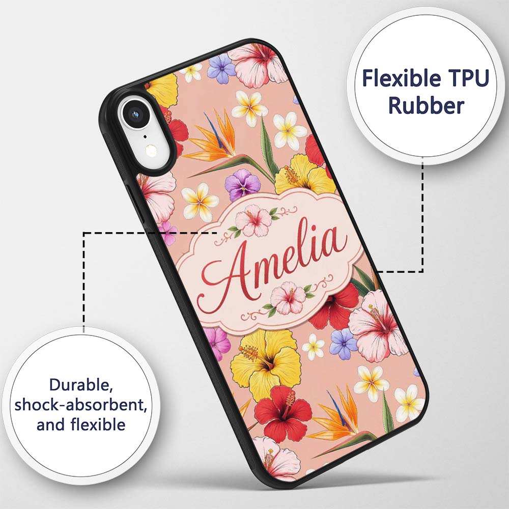 Tropical Hibiscus Bird of Paradise Printed Design Custom Name Protective Phone Case Mobile Cover Durable Everyday Smartphone Shock Resistant