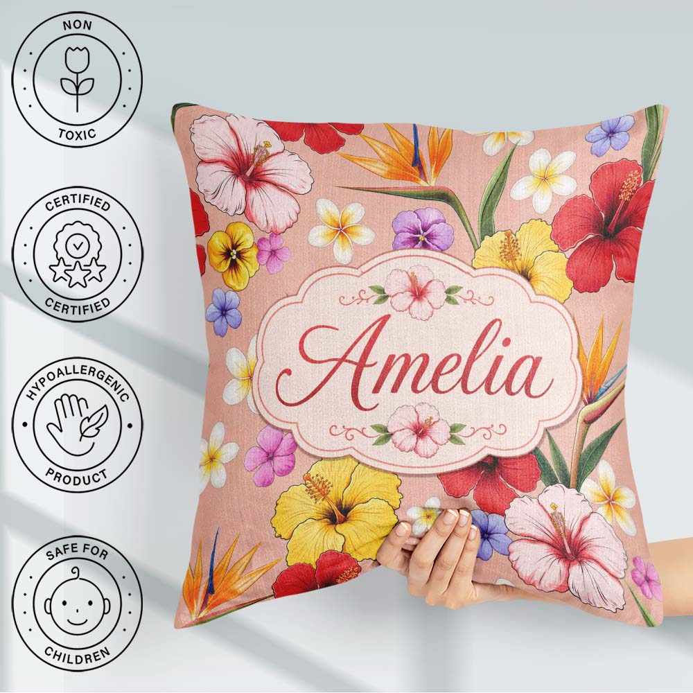 Custom Name Tropical Hibiscus of Paradise Seamless Pattern Peach Square Filled Cushion Throw Pillow Sofa Bed Home Decor Zip Washable UK Made
