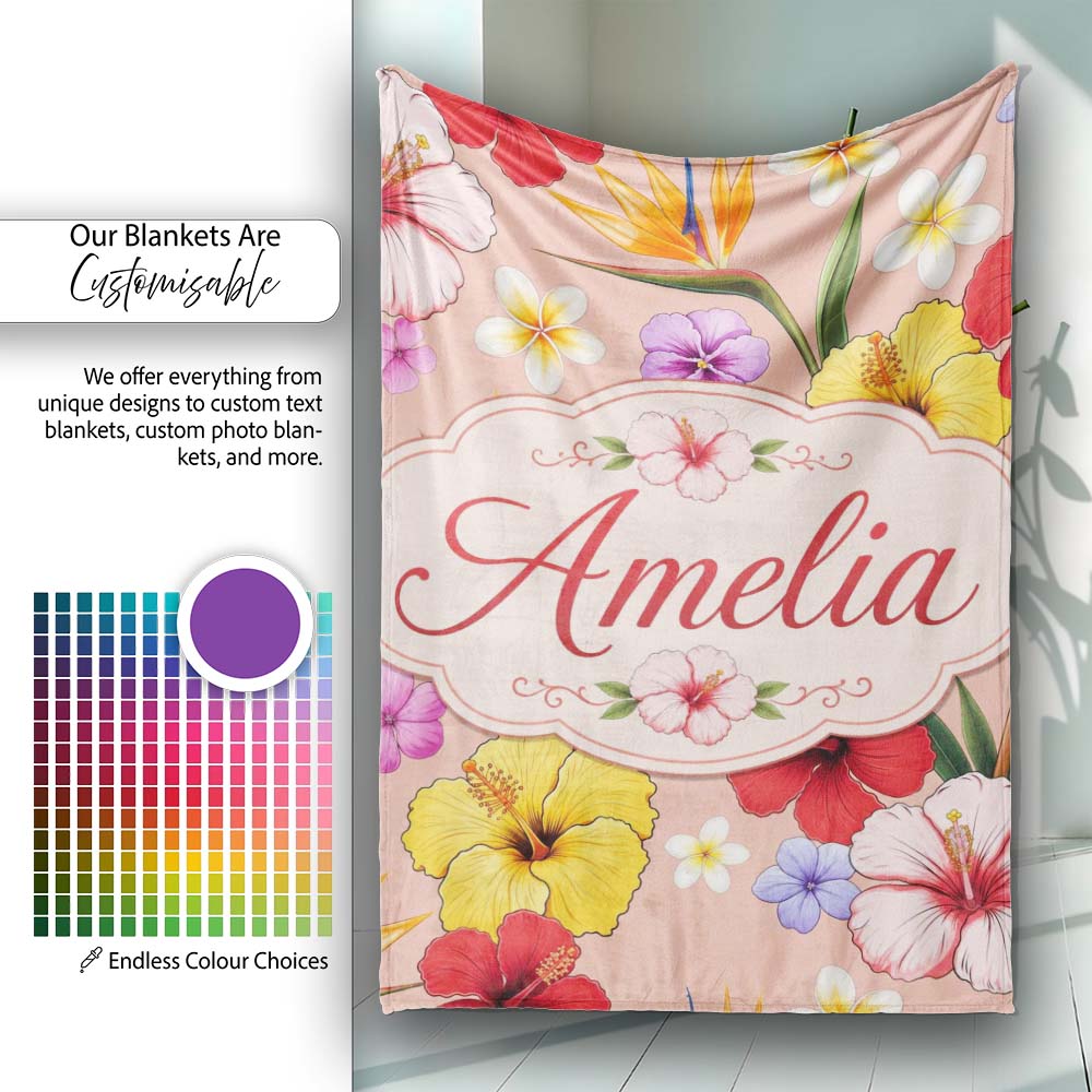 Tropical Hibiscus Bird of Paradise Seamless Pattern Peach Background Personalised Custom Name Super Soft Fleece Blanket Bed Sofa Throw