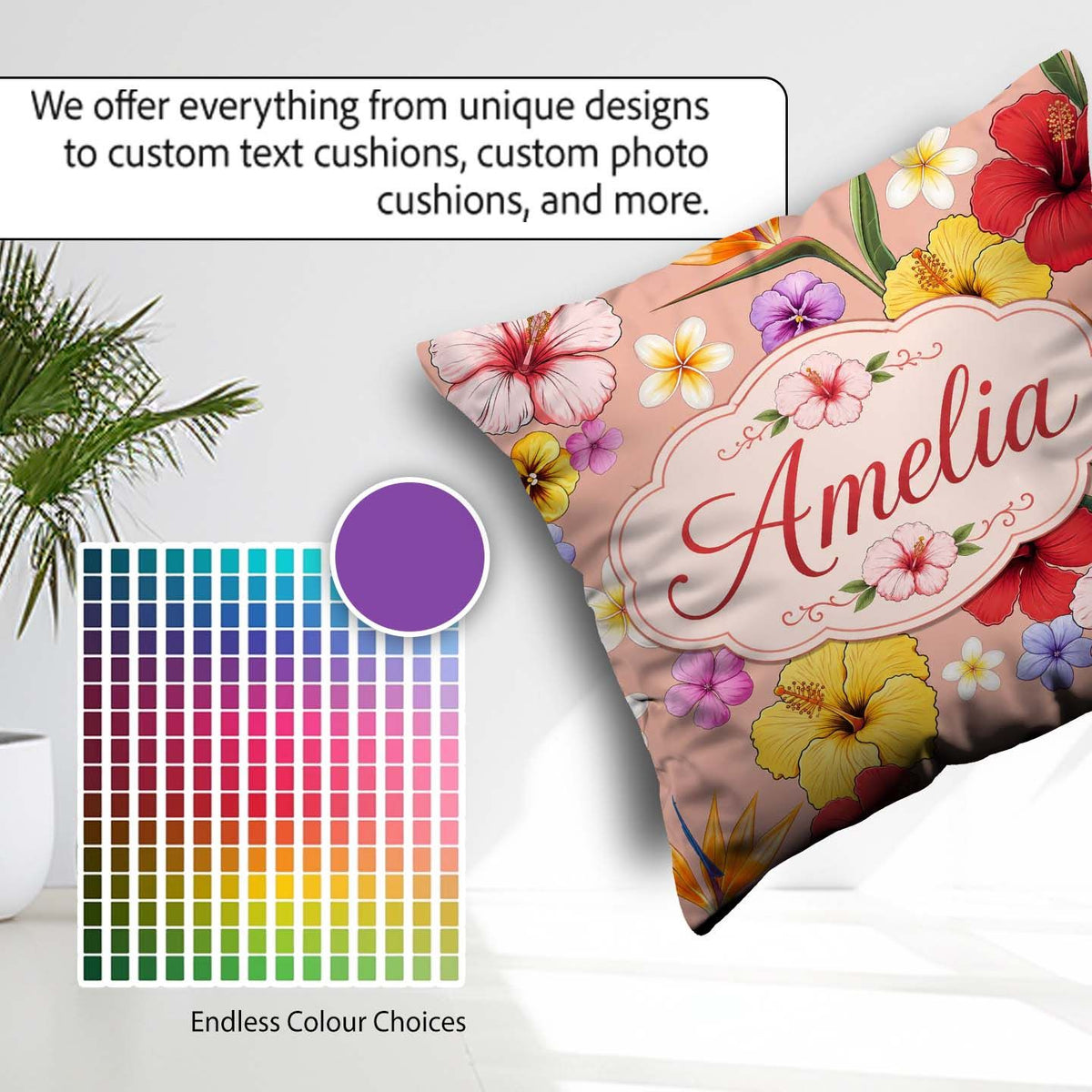 Custom Name Tropical Hibiscus of Paradise Seamless Pattern Peach Square Filled Cushion Throw Pillow Sofa Bed Home Decor Zip Washable UK Made