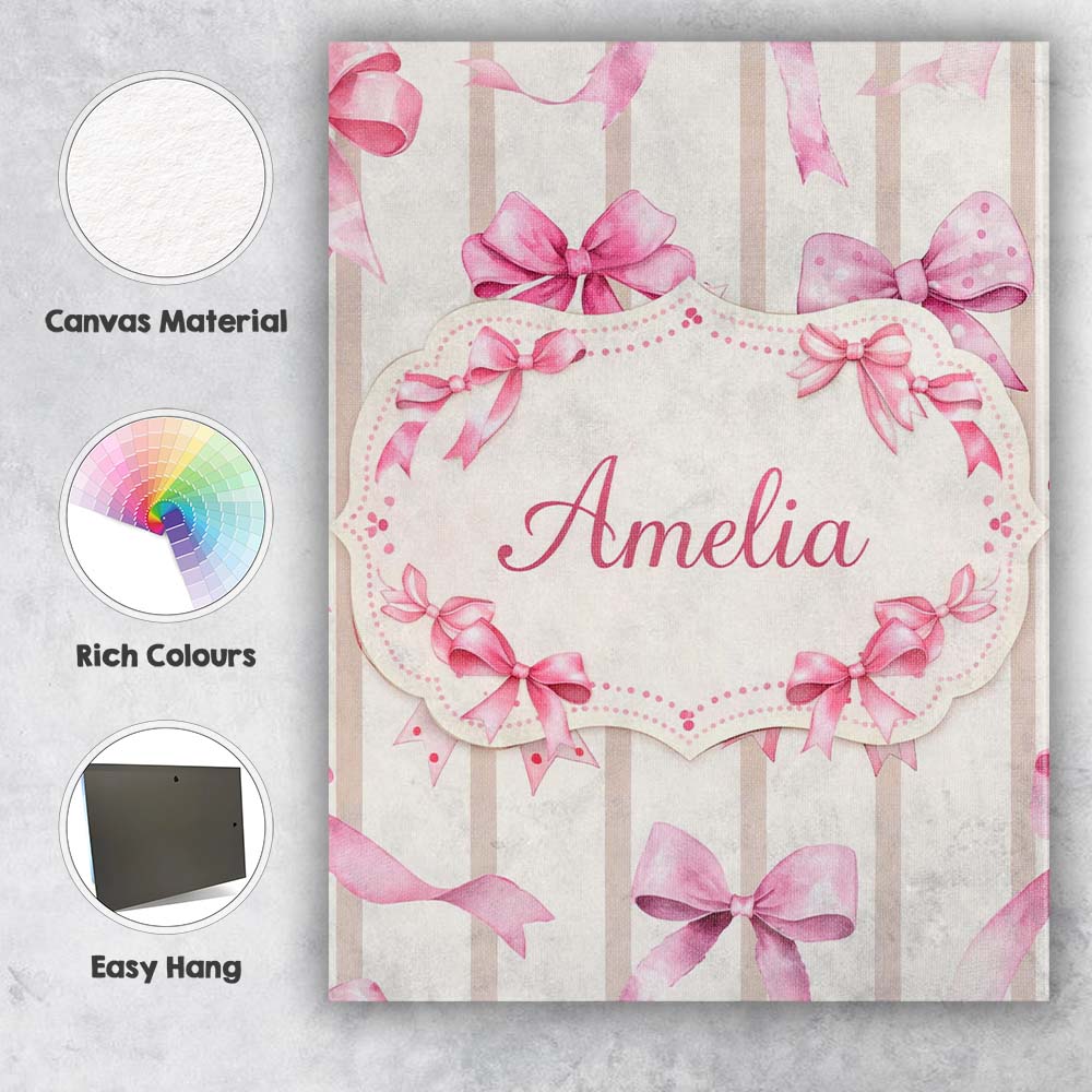 Personalised Name Watercolor Pink Ribbon Bow with Neutral Beige Custom Statement Canvas Wall Art Print Decor Picture Ready to Hang