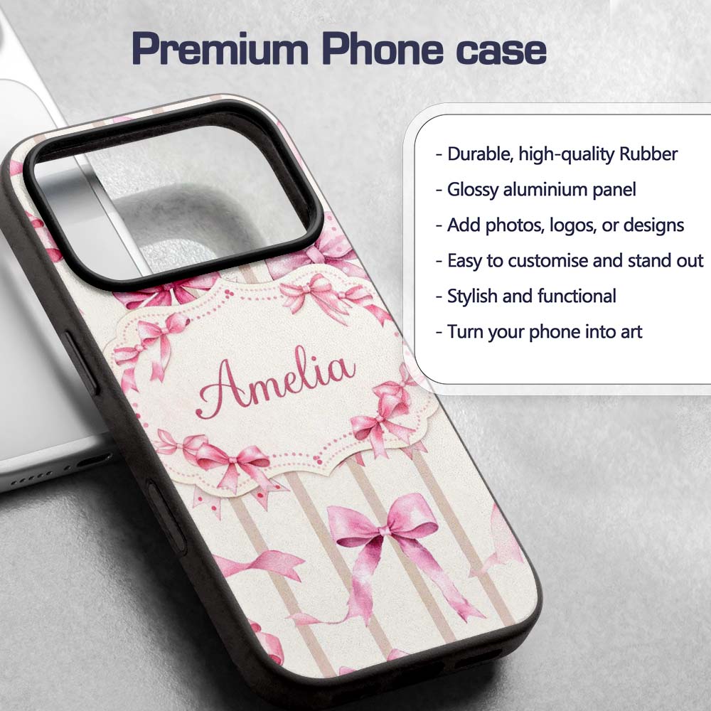Watercolor Pink Ribbon Bow with Neutral Beige Custom Name Protective Phone Case Mobile Cover Durable Everyday Smartphone Shock Resistant