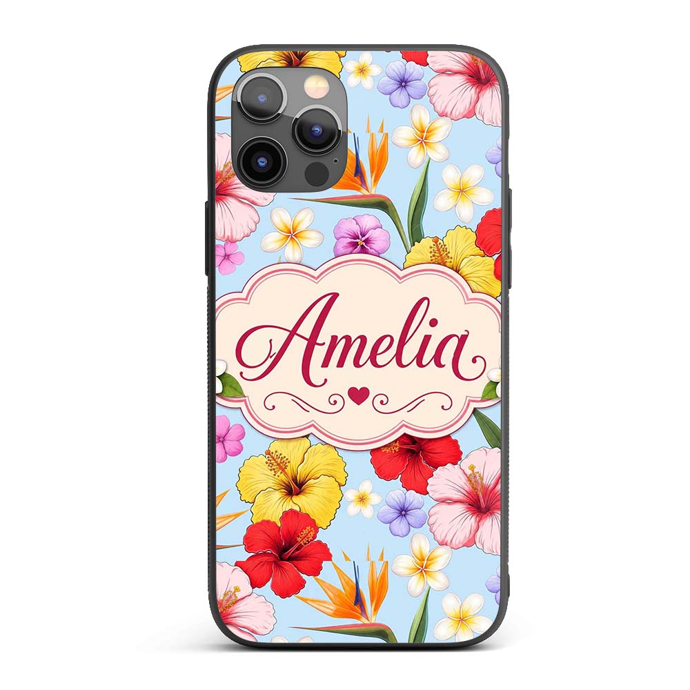 Tropical Hibiscus Bird of Paradise Printed Design Custom Name Protective Phone Case Mobile Cover Durable Everyday Smartphone Shock Resistant