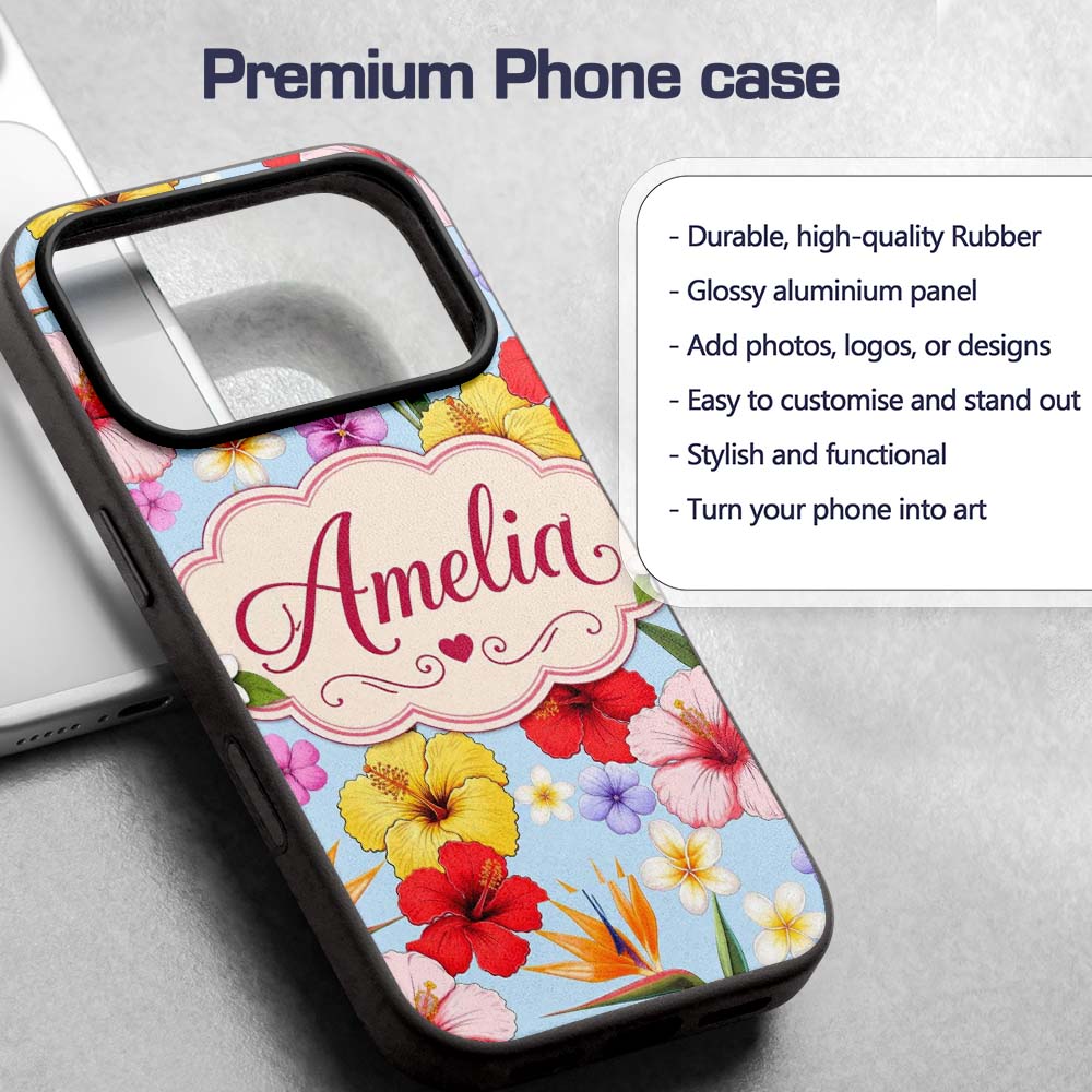 Tropical Hibiscus Bird of Paradise Printed Design Custom Name Protective Phone Case Mobile Cover Durable Everyday Smartphone Shock Resistant