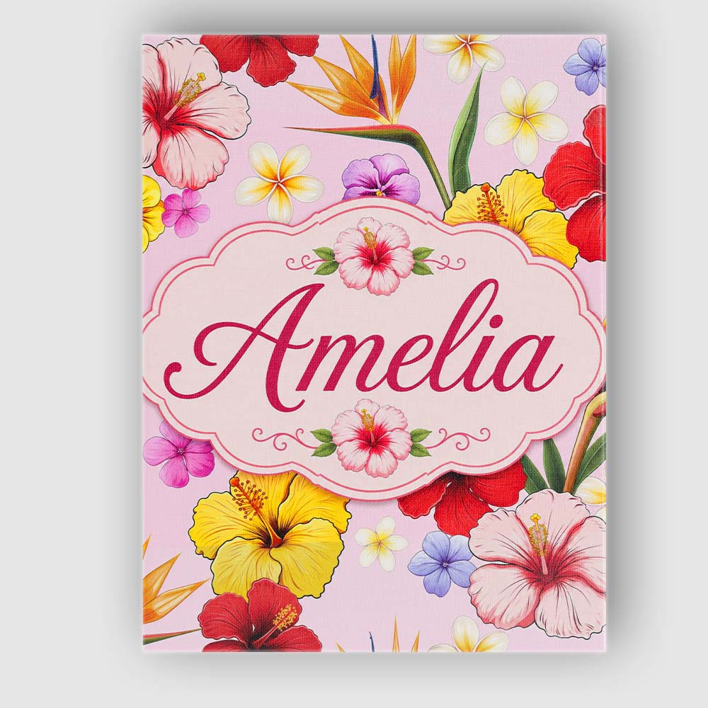 Personalised Name Tropical Hibiscus Bird of Custom Bespoke Interior Contemporary Canvas Wall Art Print Decor Picture Ready to Hang