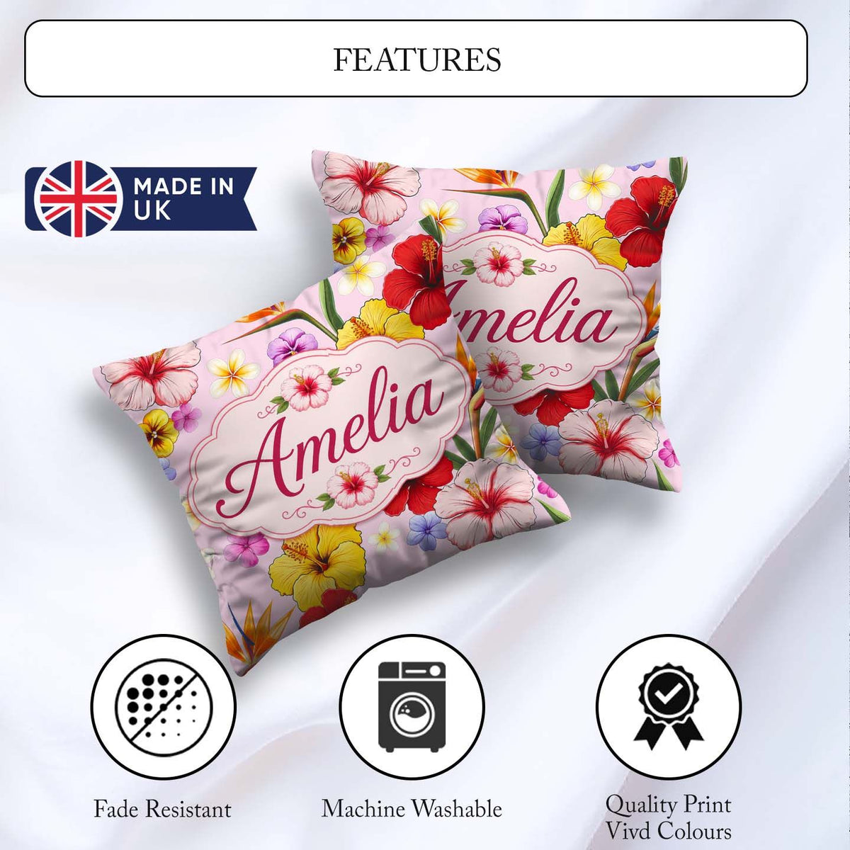 Custom Name Tropical Hibiscus Bird of Paradise Seamless Pattern Square Filled Cushion Throw Pillow Sofa Bed Home Decor Zip Washable UK Made
