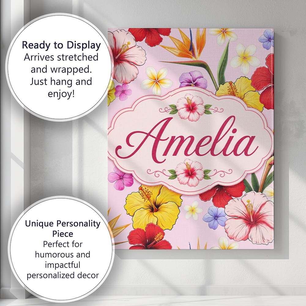 Personalised Name Tropical Hibiscus Bird of Custom Bespoke Interior Contemporary Canvas Wall Art Print Decor Picture Ready to Hang