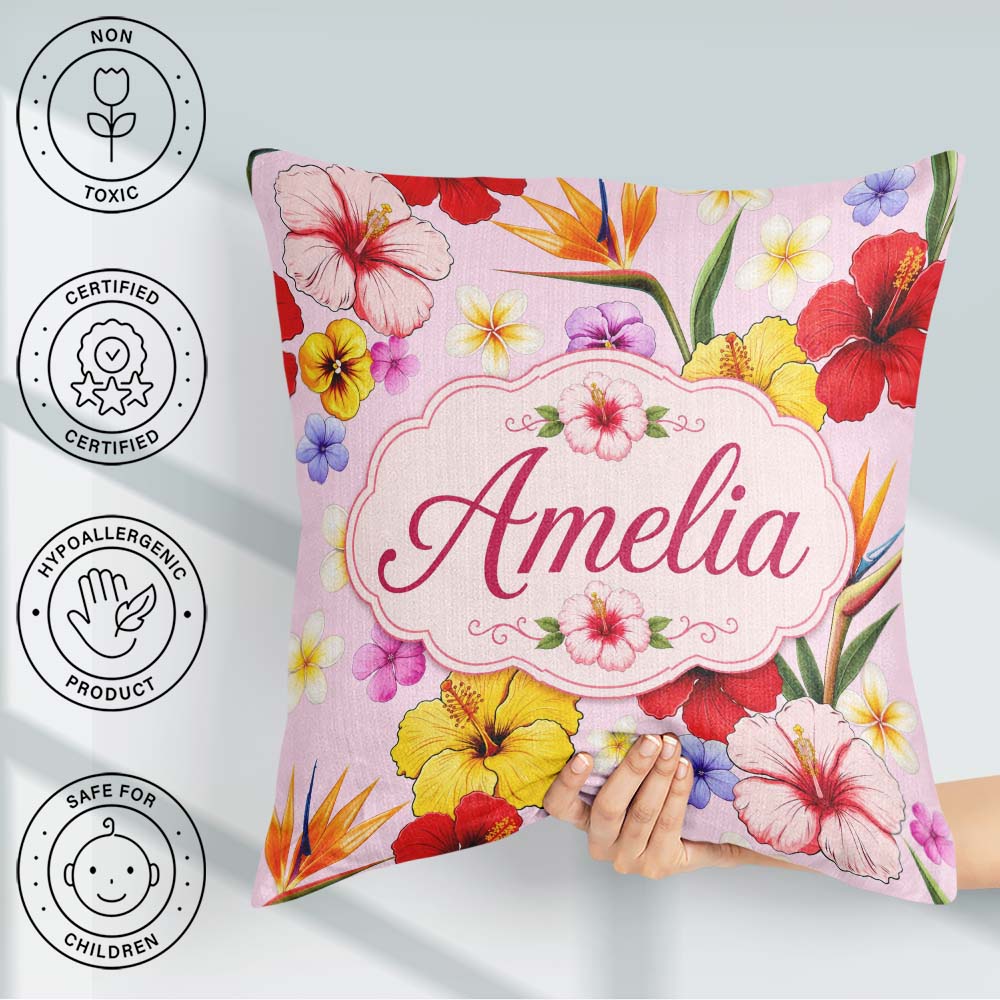 Custom Name Tropical Hibiscus Bird of Paradise Seamless Pattern Square Filled Cushion Throw Pillow Sofa Bed Home Decor Zip Washable UK Made