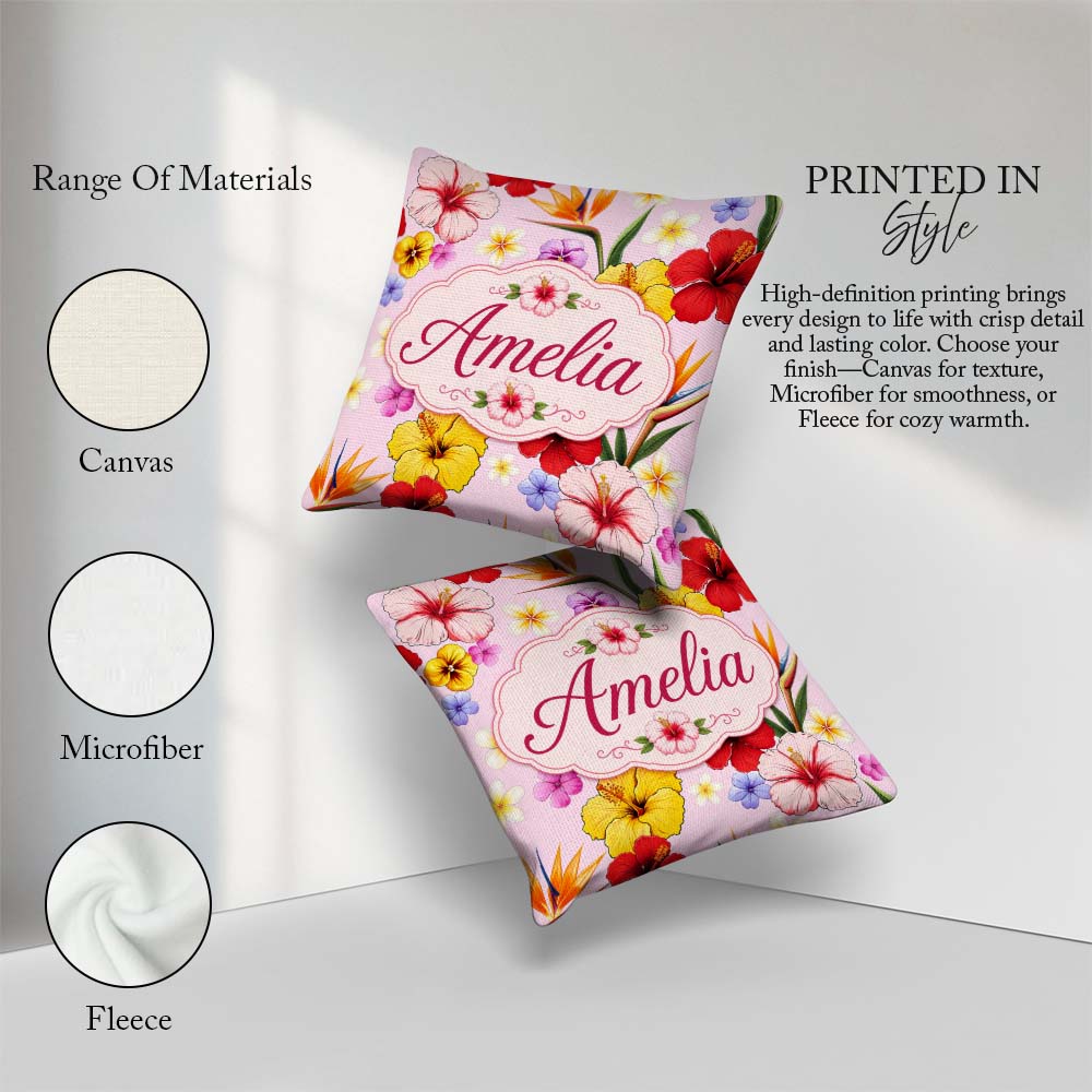 Custom Name Tropical Hibiscus Bird of Paradise Seamless Pattern Square Filled Cushion Throw Pillow Sofa Bed Home Decor Zip Washable UK Made