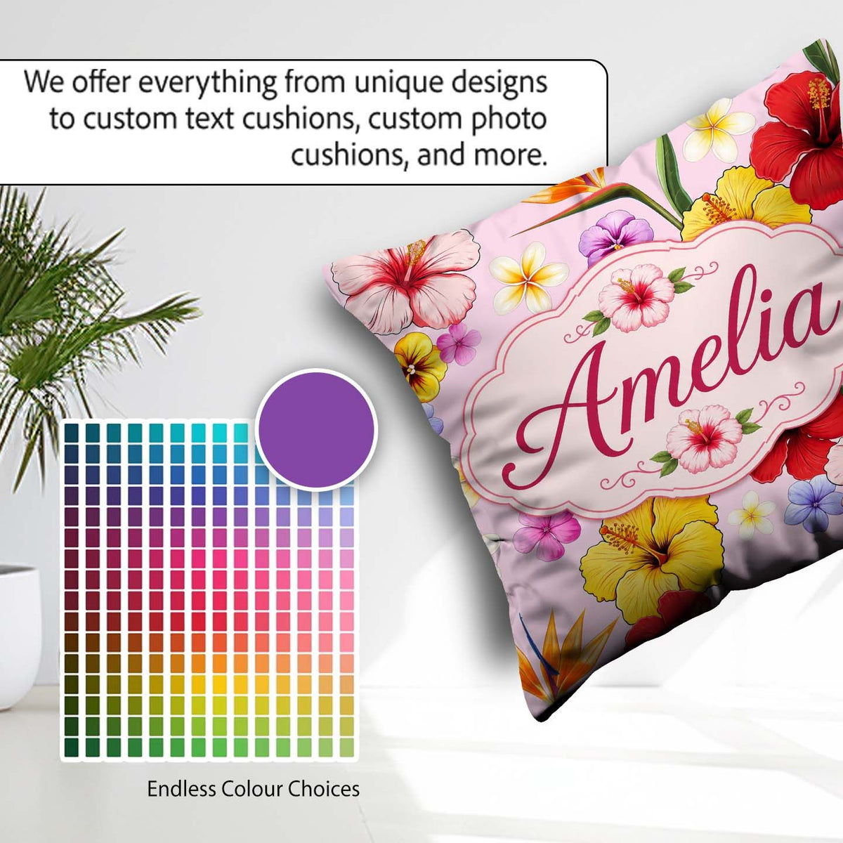 Custom Name Tropical Hibiscus Bird of Paradise Seamless Pattern Square Filled Cushion Throw Pillow Sofa Bed Home Decor Zip Washable UK Made