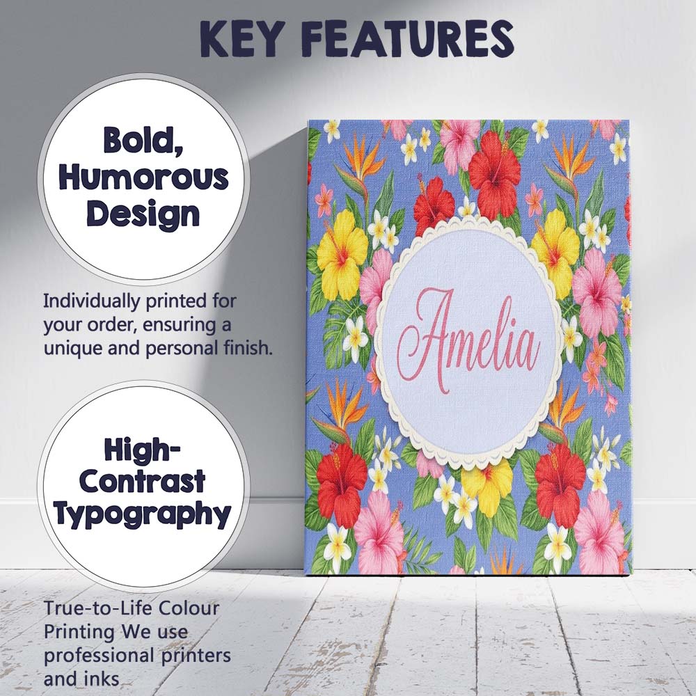 Personalised Name Tropical Hibiscus Bird of Custom Bespoke Interior Contemporary Canvas Wall Art Print Decor Picture Ready to Hang