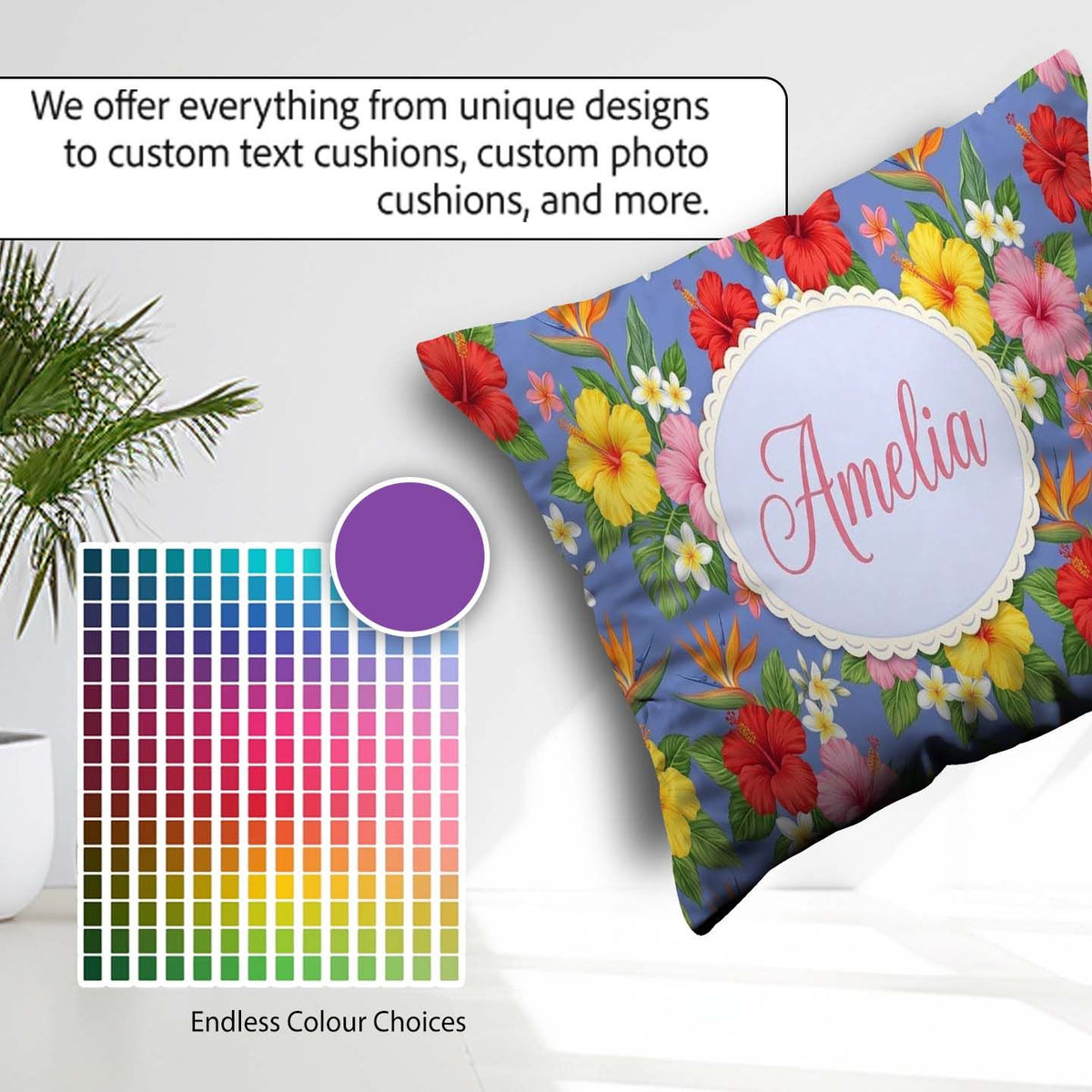 Custom Name Tropical Hibiscus Bird of Paradise Seamless Pattern Square Filled Cushion Throw Pillow Sofa Bed Home Decor Zip Washable UK Made