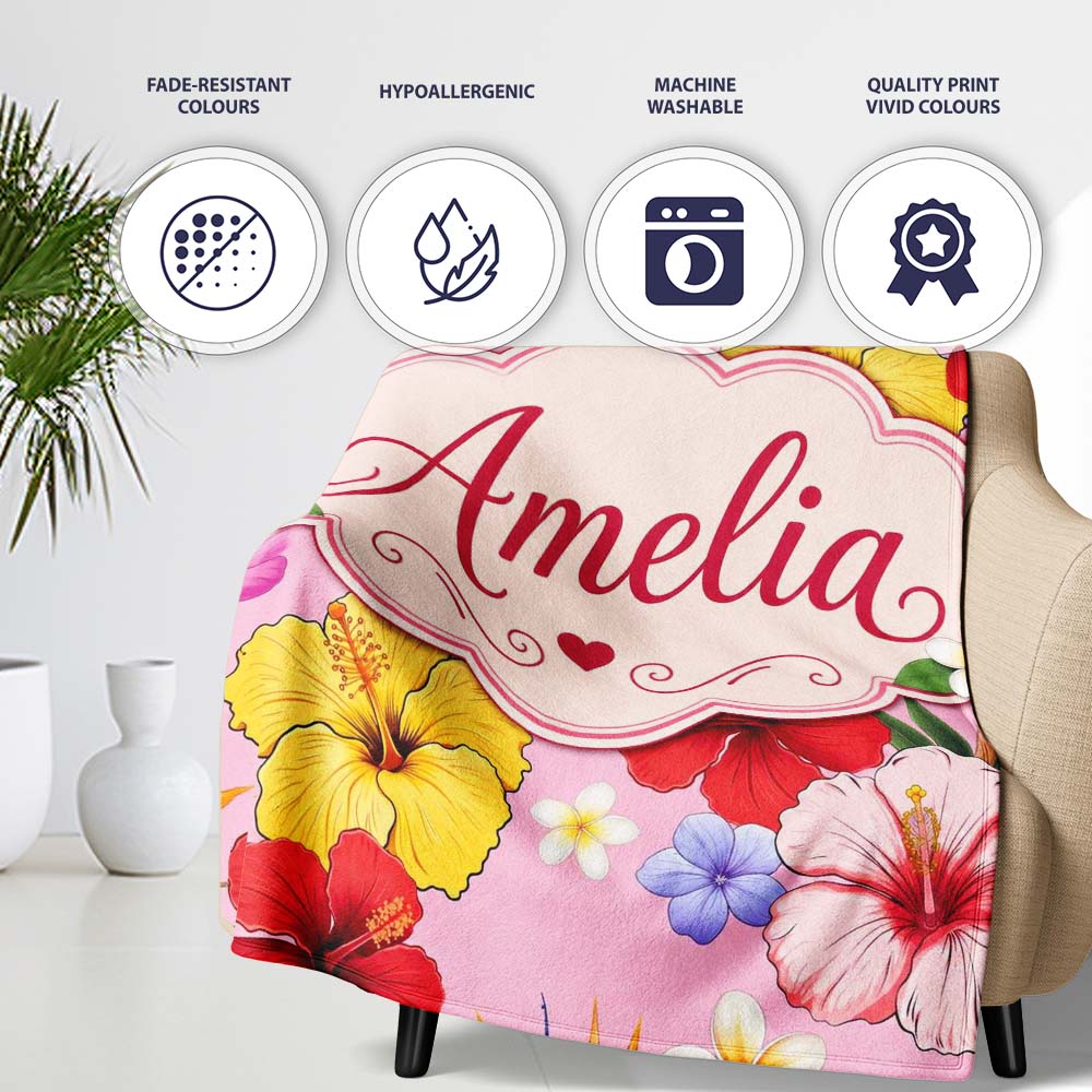 Tropical Hibiscus Bird of Paradise Seamless Pattern Blush Background Personalised Custom Name Super Soft Fleece Blanket Bed Sofa Throw