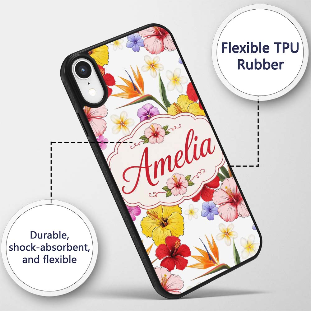 Tropical Hibiscus Bird of Paradise Printed Design Custom Name Protective Phone Case Mobile Cover Durable Everyday Smartphone Shock Resistant